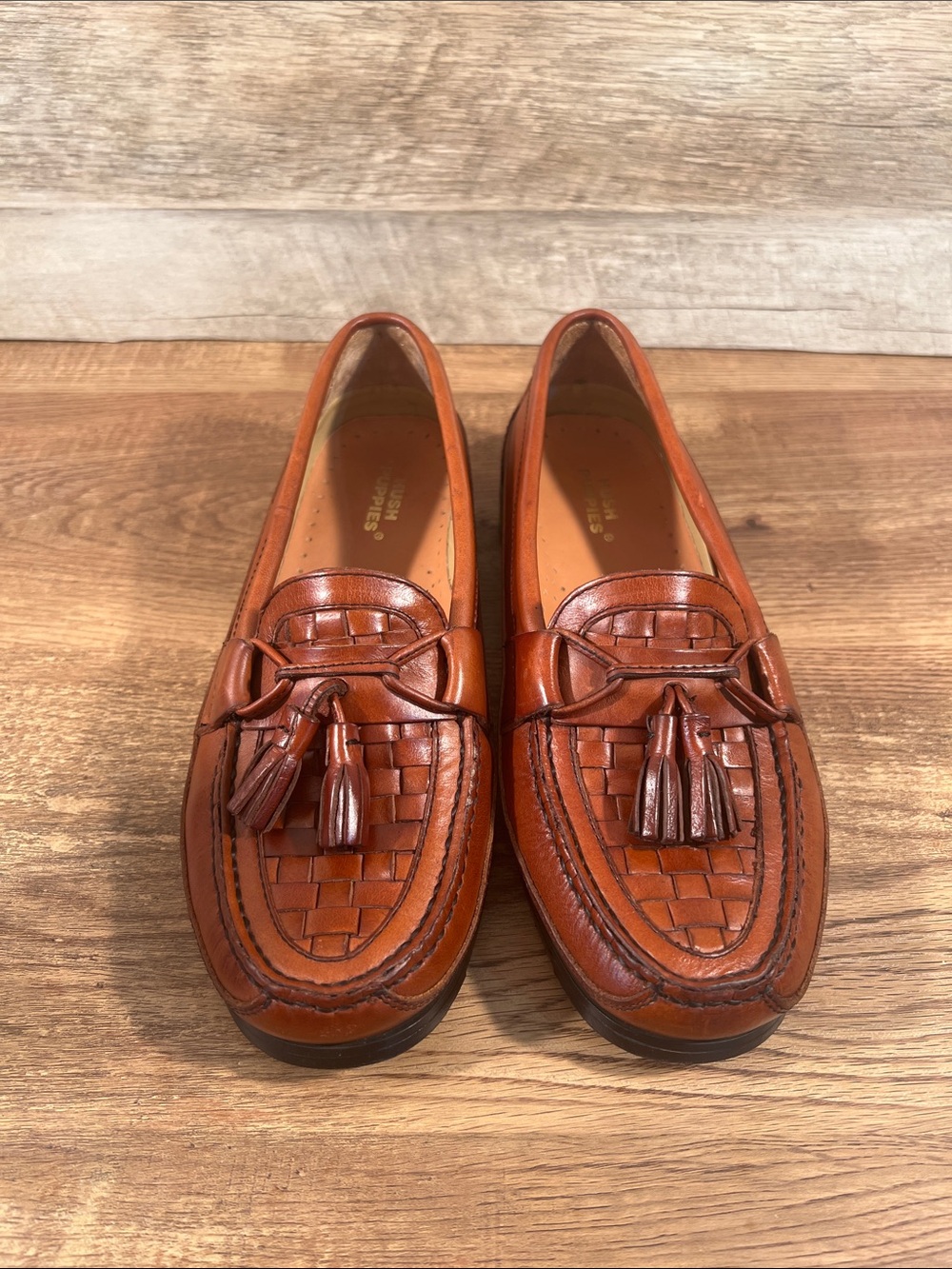 Hush Puppies Vintage Leather Basketweave Tassel Loafers Moc Toe Size 7.5